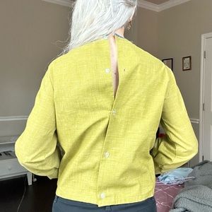 vintage green linen top with buttons on back and blue stitching